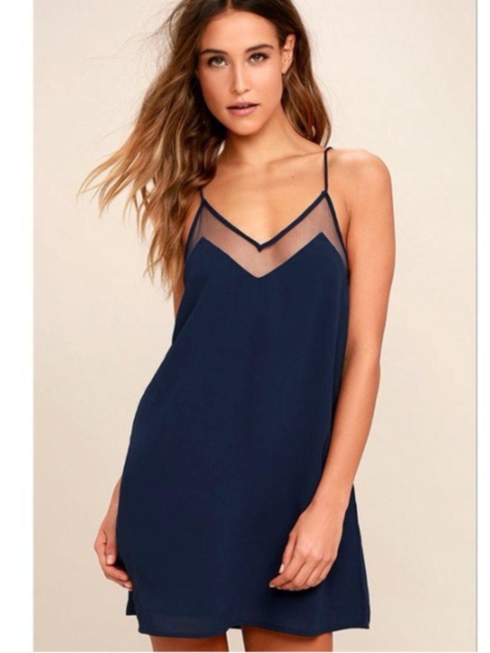 Lulu’s Navy Mesh-Trim Slip Dress
